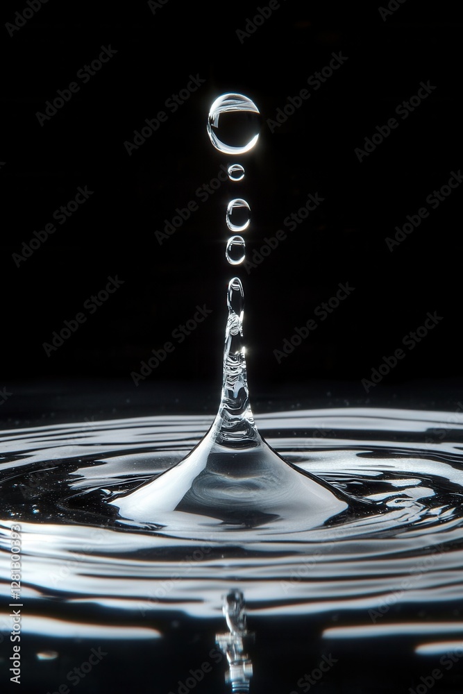 Poster captivating water drop collision with surface creating ripples in dark background in studio shot
