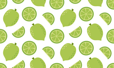 Lime seamless pattern. Citrus fruits background design. Collection of organic vitamins and healthy nutrition. Flat Vector illustration