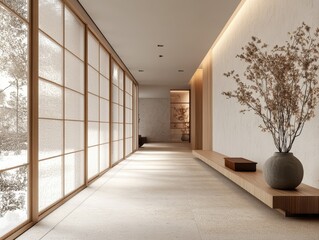 Elegant modern interior depicts a corridor hallway perspective