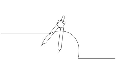 Single continuous line drawing of spring bow compass for drawing circle, Single continuous line drawing of springbow compass for drawing circle. Back to school minimalis.