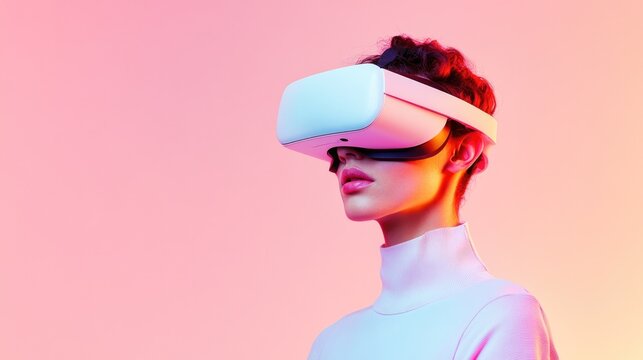 person wearing sleek virtual reality headset immersed in vivid digital world with copy space