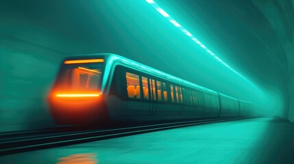 quiet empty metro train carriage with sleek modern interiors steadily moves through underground...