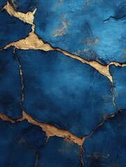 Elegant blue and gold kintsugi art background with cracks and texture showcasing japanese repair technique