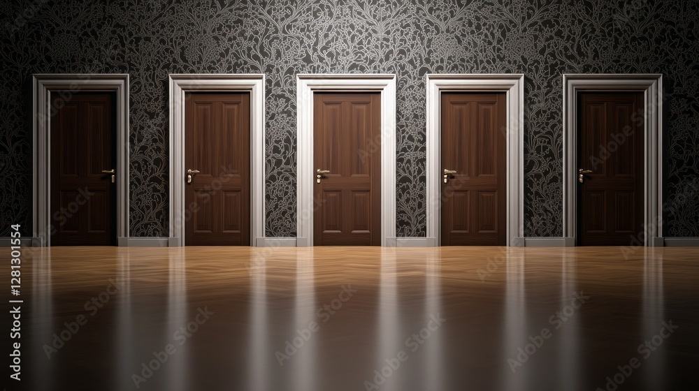 Aufkleber an open door invites exploration in a room adorned with intricate wallpaper and a gleaming wooden fl