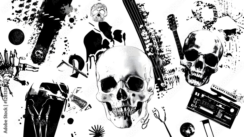 Aufkleber grunge skull splash abstract textured background with chaotic paint splatters and dramatic monochrom
