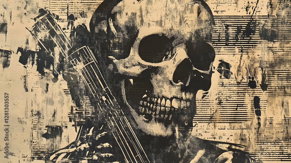 Poster grunge skull with grungy textures and dark moody atmosphere