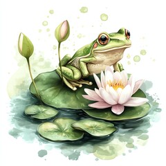 Cute frog hopping on lily pads design for T-shirt POD print on demand on white background