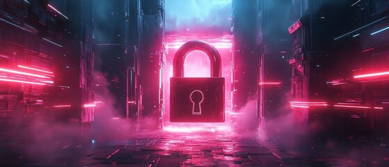 A digital padlock surrounded by flowing data streams escaping through cracks, representing security breach and data leakage, neon lighting effects, cyberpunk style, 8K realism