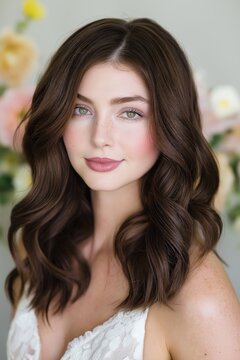 Georgian or slavic woman with medium dark brown hair in loose waves and porcelain skin, wearing white dress, with pink blush and winged eyeliner, stands in front of a light background with flowers.