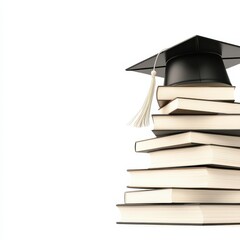 A graduation cap sits atop a stack of books, symbolizing academic achievement and the pursuit of knowledge.