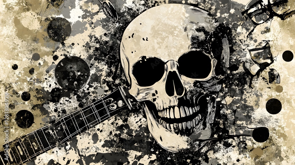 Poster grunge skull with splattered ink and paint texture in monochrome color