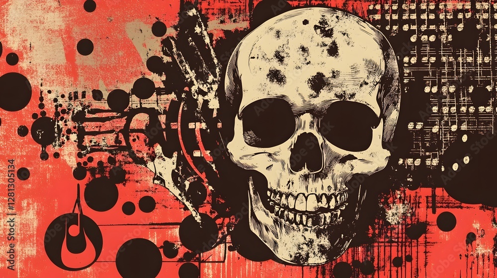 Poster grunge skull with splattered abstract ink background