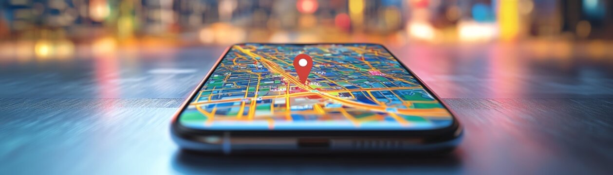 A smartphone screen displaying Google Maps with realtime navigation, clear street view, dynamic route updates, vibrant cityscape background, ultradetailed, 8K resolution