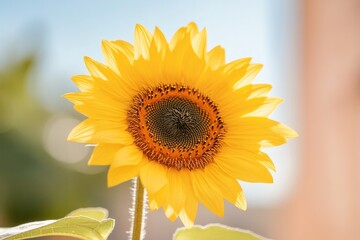 Obraz premium single sunflower in full bloom its petals glowing in golden sunlight against blurred background