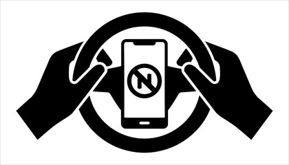 No Phone While Driving Icon with Steering Wheel on White Background