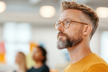 small group of diverse individuals attentively listen to instructor during workshop set in bright modern learning space