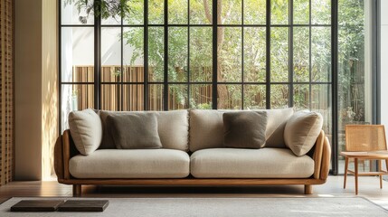 Cozy Modern Living Room With Large Windows Overlooking a Lush Garden in the Evening Light