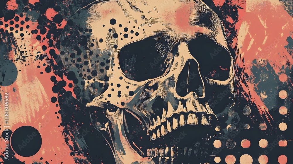 Poster Grungy Skull Abstract Background with Creepy Dot and Brush Strokes