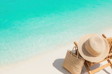 sun-drenched beach scene with stylish straw hat resting on wooden chair beside woven beach bag