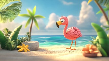 Obraz premium Adorable Pink Flamingo on a Tropical Beach Paradise