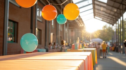 vibrant photo of indoor community hall with bustling tables shoppers browsing and ample natural light providing wide