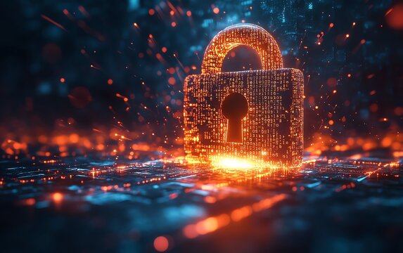 Illustration of a digital padlock breaking open, data flowing out in the form of binary code, representing security breach, glowing streams, hightech style, 8K resolution