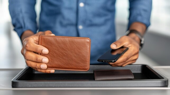 Airport security checkpoint procedures Concept, Traveler Collecting Phone and Wallet at Security Checkpoint in Modern Airport Environment
