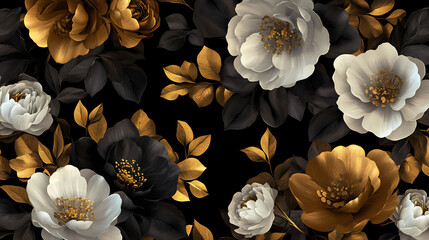 Floral design with white, black, and gold flowers on a dark background. AI art