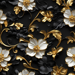 Floral design with gold accents on a black background showcases detail. 