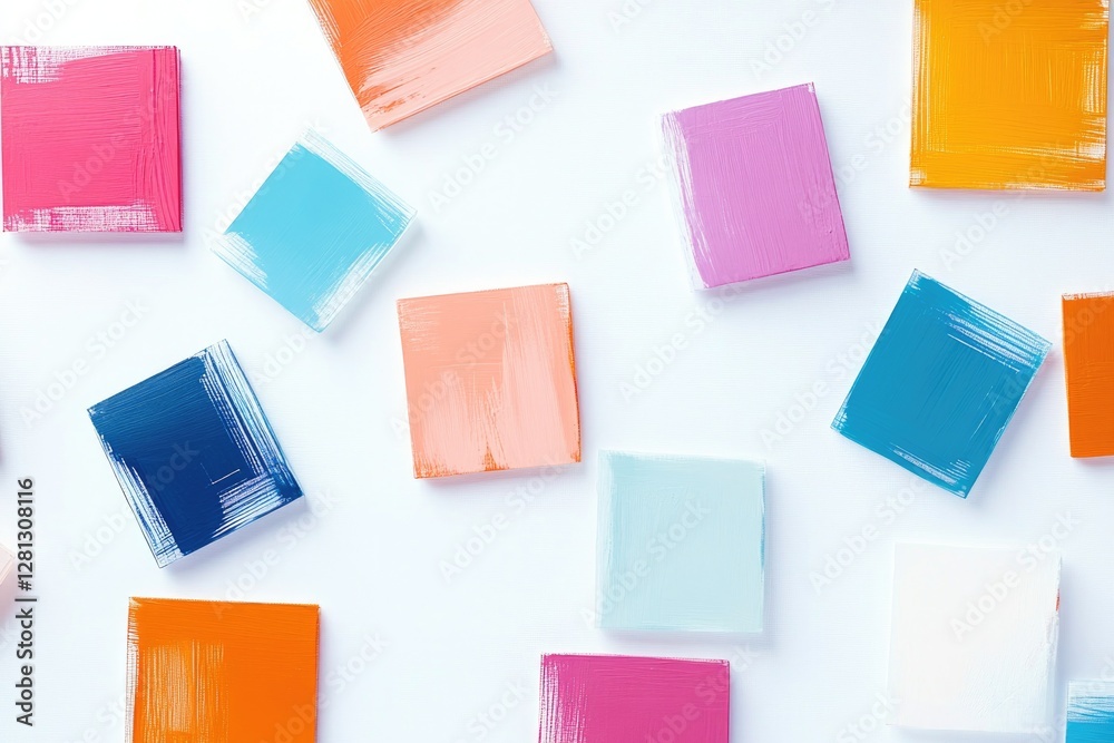 Poster array of colorful abstract squares randomly arranged on plain white background