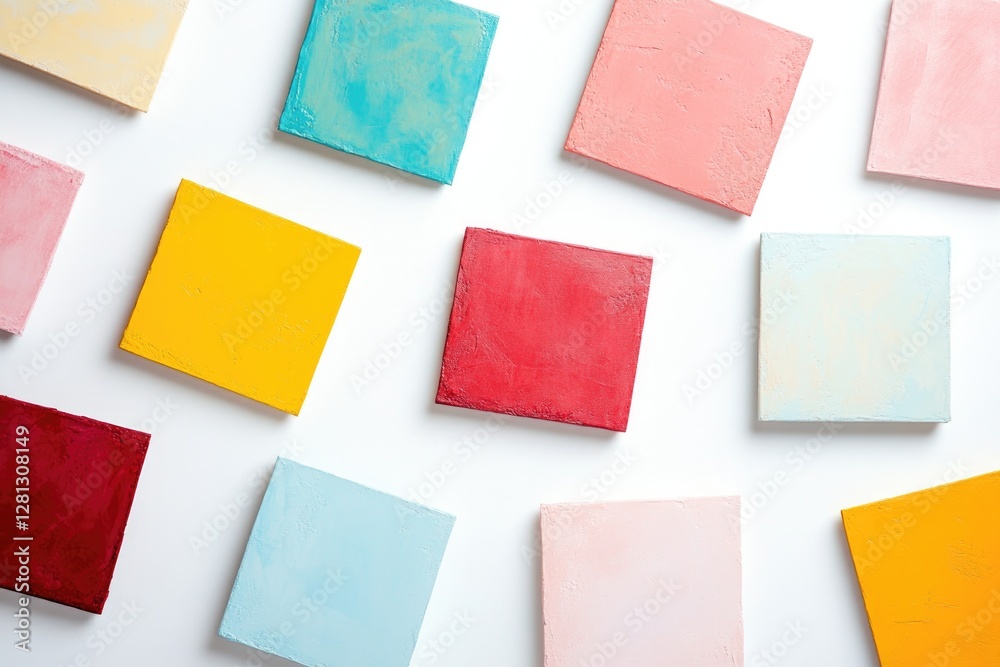 Poster array of colorful abstract squares randomly arranged on plain white background