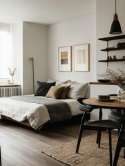 A modern bedroom displays minimalist design and simple modern furniture
