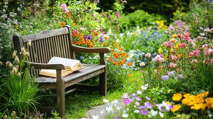 Fototapeta premium Tranquil Garden Scene Open Book on Wooden Bench Amidst Blooming Flowers