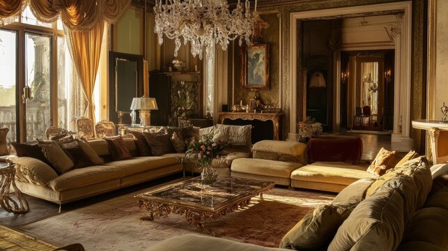 Elegant Living Room With Ornate Decor and Luxurious Furnishings in a Historic Mansion During Golden Hour