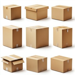 Fototapeta premium Assorted cardboard boxes in various shapes and sizes arranged on a white background showcasing packaging and delivery