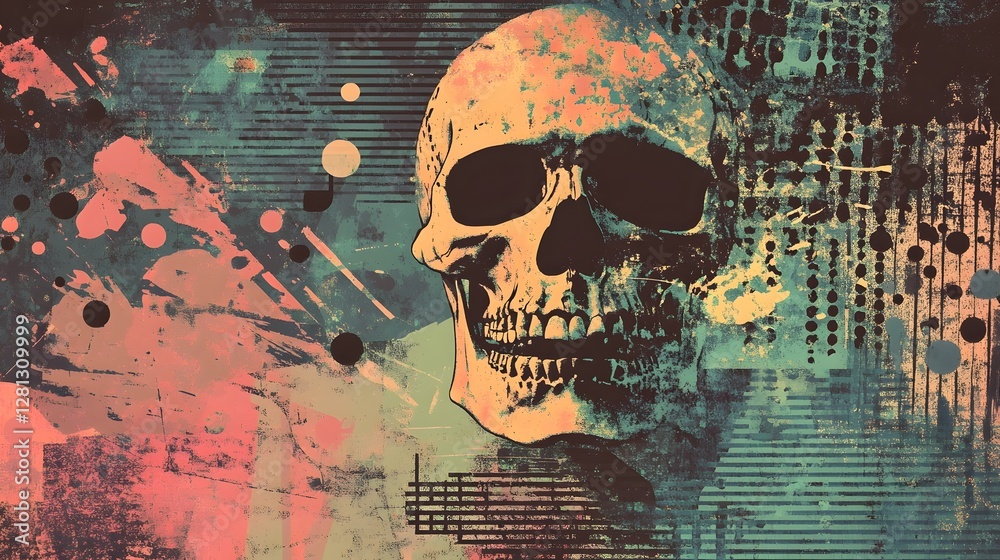 Poster Grungy Skull Digital Art Abstract with Colorful Splash and Dystopian Technological Backdrop