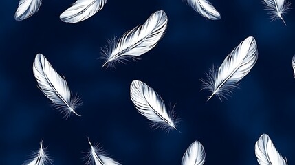 White Feathers Falling Against A Dark Blue Background