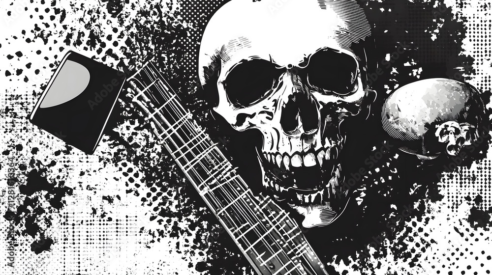 Poster Grungy Skull Graphic with Guitar and Distressed Textures in Moody Black and White Tones