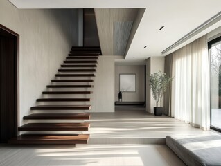 Fototapeta premium A minimal interiors photograph of stairs with wood interior