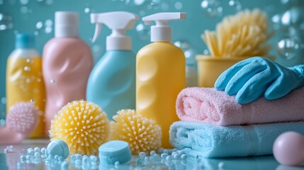Vibrant bottles and sponges create a cheerful backdrop for cleaning tasks