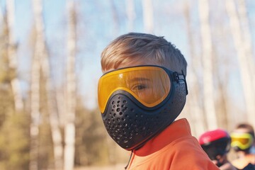 children and adults playing exhilarating game of paintball in woodland area on bright sunny day