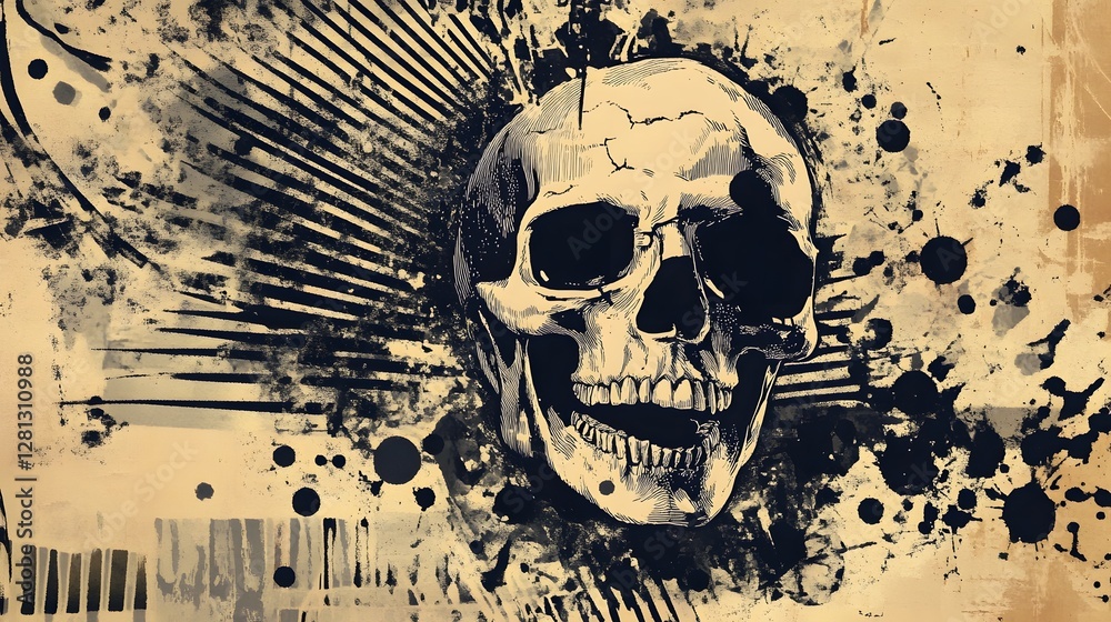 Poster grungy skull explosion artwork in dark monochrome color scheme with dramatic ink splatter effects