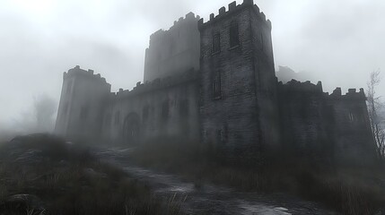 A Fog Shrouded Stone Castle Stands Tall In Mist