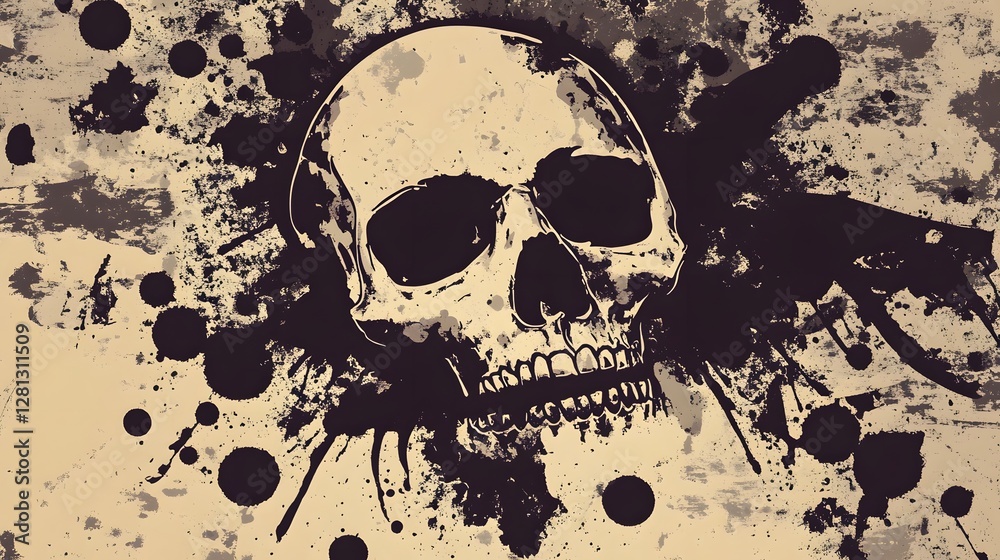 Poster Grungy Skull Graphic with Splattered Blood Texture in Moody Monochrome Tone