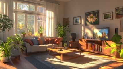 Cozy Living Room Featuring Elegant Furniture, Warm Lighting, and Decorative Plants in a Bright, Inviting Atmosphere During Daylight Hours