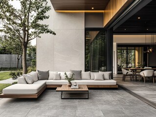 Comfortable modern outdoor seating arrangement in a courtyard space