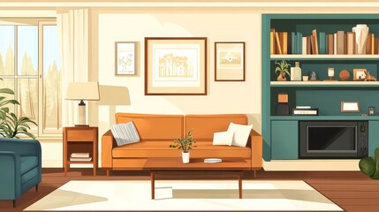 Cozy Living Room With Orange Couch and Decorative Plants Showcasing a Bright and Inviting Atmosphere in a Modern Home Setting