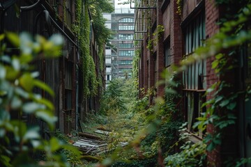 A deserted, overgrown garden with a building in the background