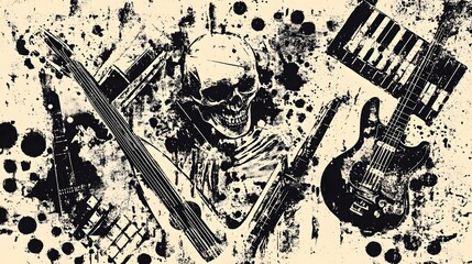 Grungy Skull Guitar Artwork with Monochrome Splash Background