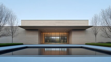 Modern Minimalist Building Exterior with Reflecting Pool